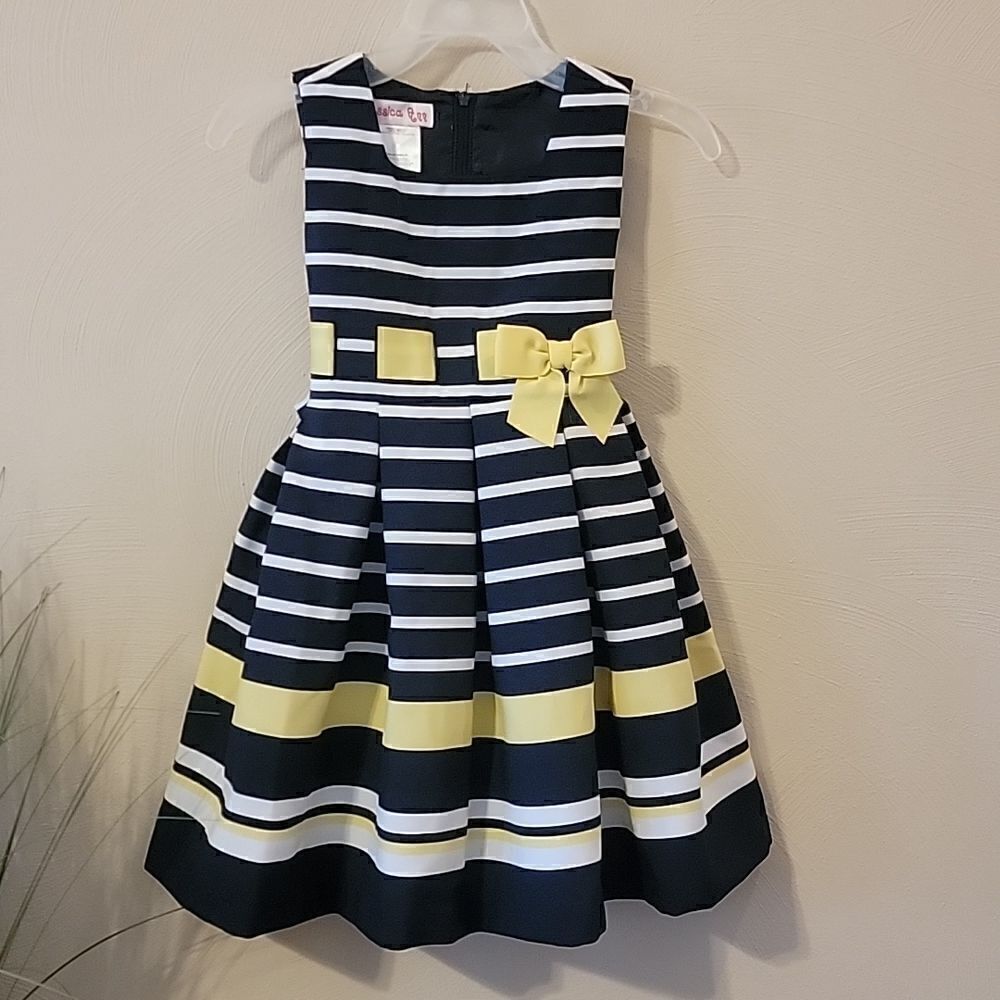 JESSICA ANN NAVY BLUE & WHITE STRIPED SLEEVELESS DRESS WITH YELLOW BOW, SIZE 3T